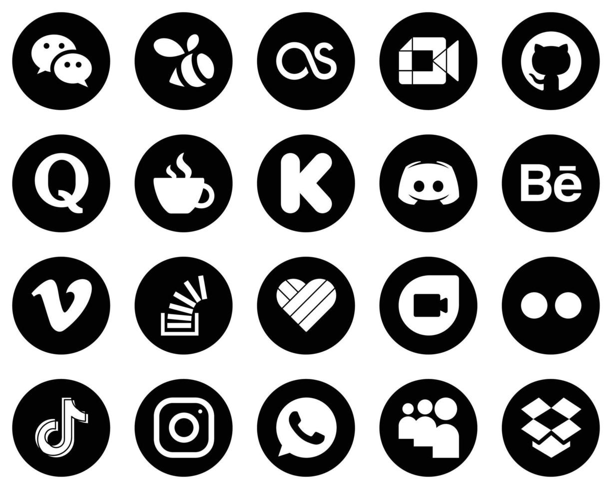 20 High-Resolution White Social Media Icons on Black Background such as text. discord. quora and funding icons. Clean and professional vector