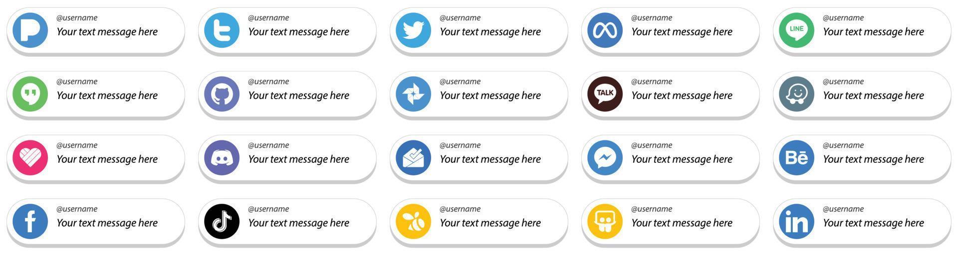 20 Card Style Follow Me Social Media Platform Icons with Custom Message Option such as messenger. google photo. text and discord icons. High definition and versatile vector