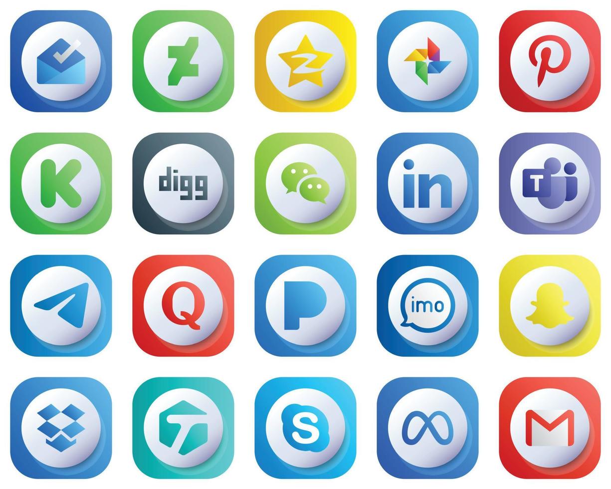 lindos íconos degradados en 3D para el paquete de 20 de las principales redes sociales, como messenger. fondos. equipo de Microsoft y los iconos de Linkedin. moderno y de alta resolución vector