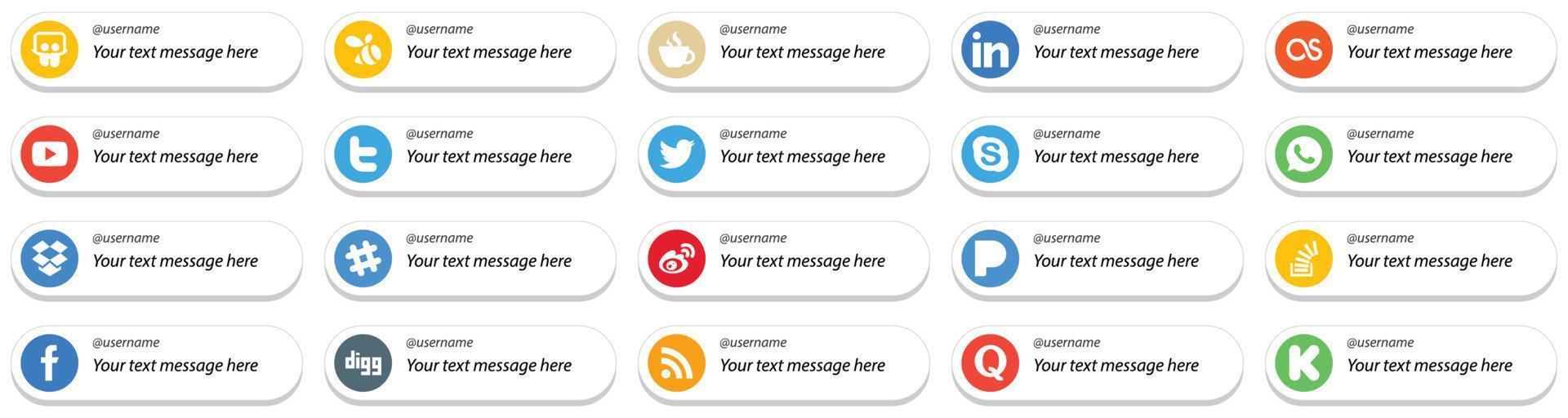 Card Style Follow Me Icons with Customizable Message for Top Social Media 20 pack such as weibo. dropbox. youtube. whatsapp and skype icons. Clean and professional vector
