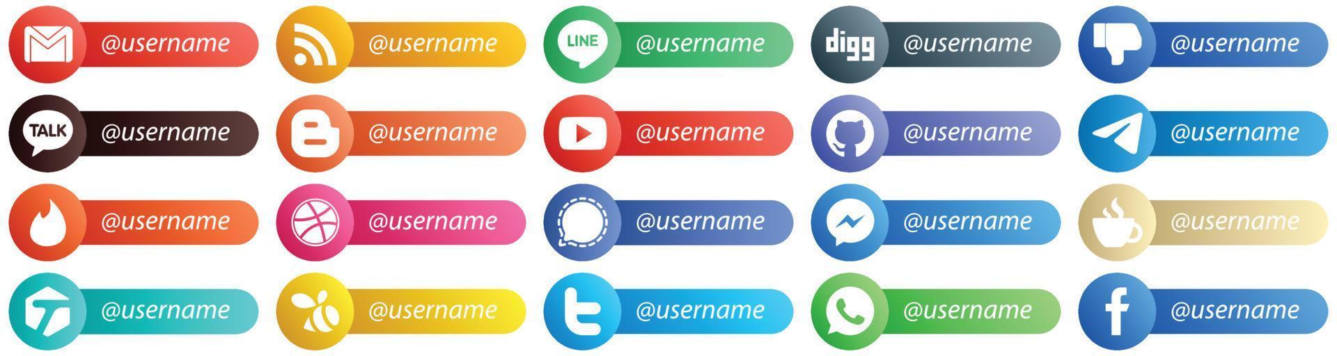 sígueme icono de estilo de tarjeta de plataforma de red social establece 20 iconos como telegrama. Facebook. iconos de github y youtube. alta resolución y editable vector