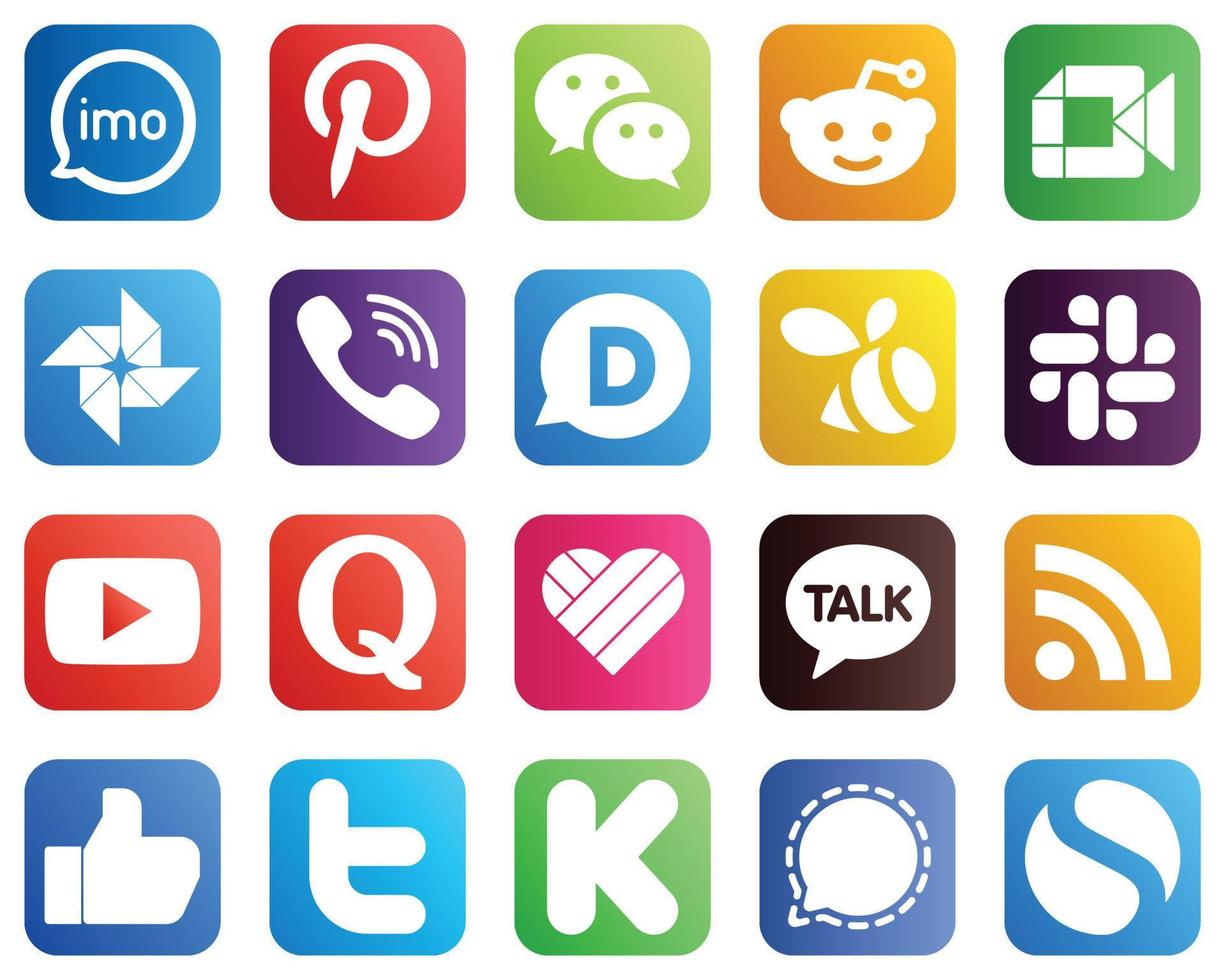 20 íconos únicos de redes sociales como Slack. disqu. iconos de google meet y viber. versátil y premium vector