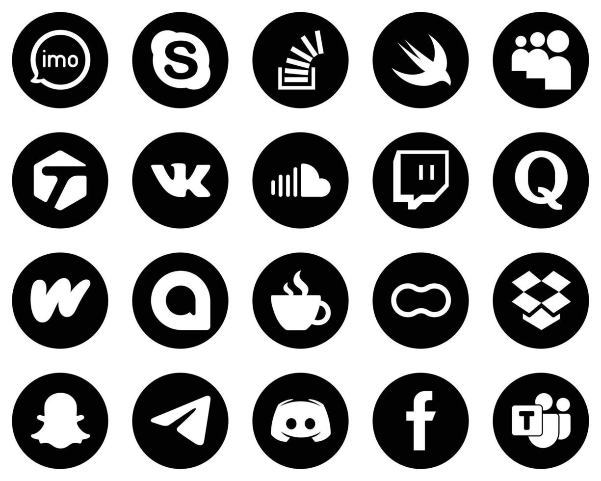 20 Unique White Social Media Icons on Black Background such as twitch. sound. stock. soundcloud and tagged icons. Elegant and minimalist vector