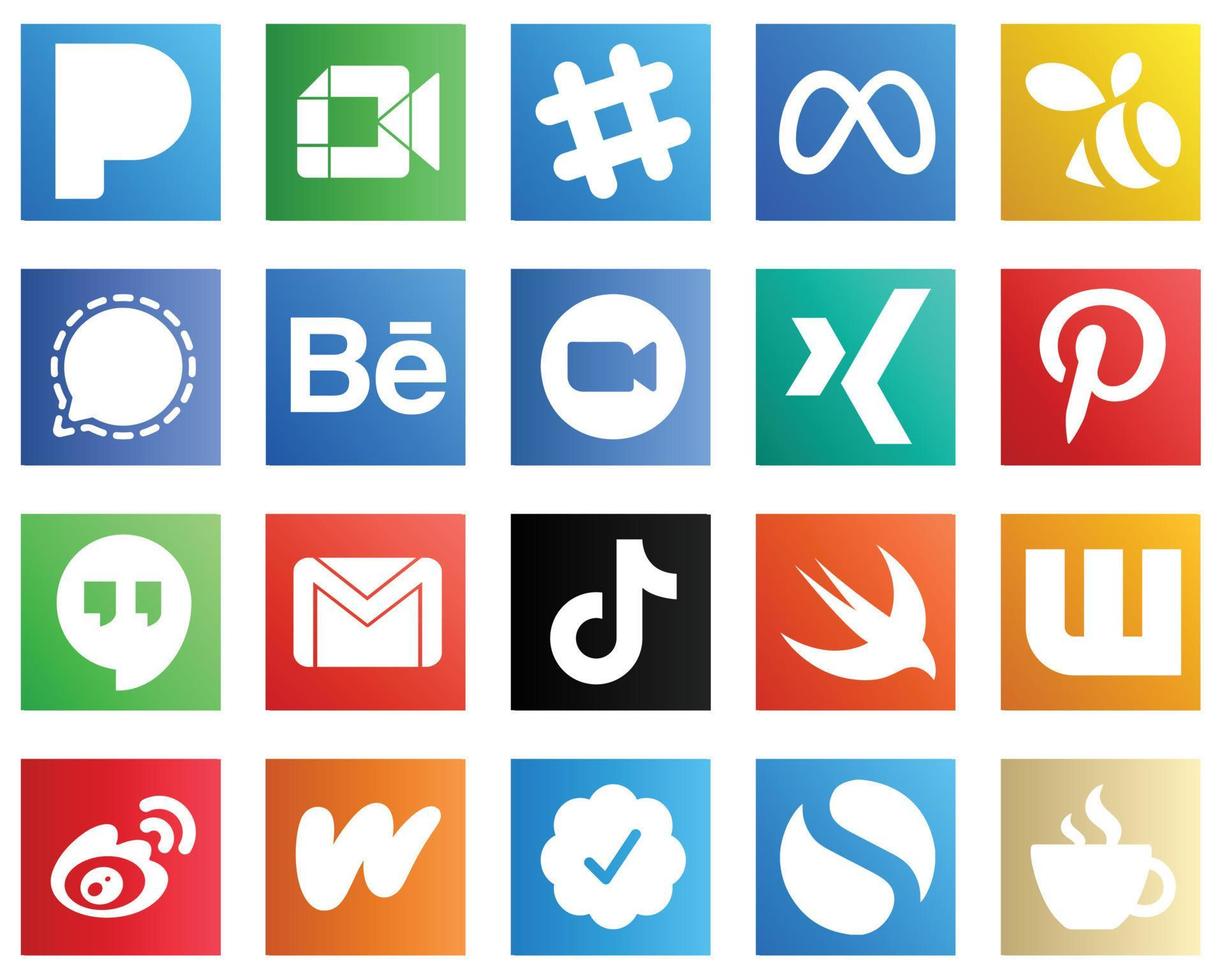 20 Social Media Icons for Your Designs such as pinterest. signal. meeting and zoom icons. Modern and minimalist vector