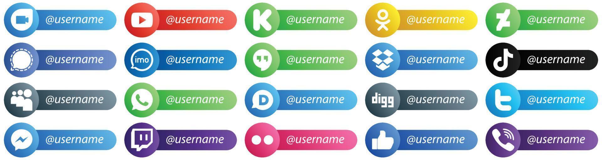 20 Card Style Icons for Popular Social Networks with Username such as douyin. dropbox. mesenger. google hangouts and video icons. Fully customizable and professional vector