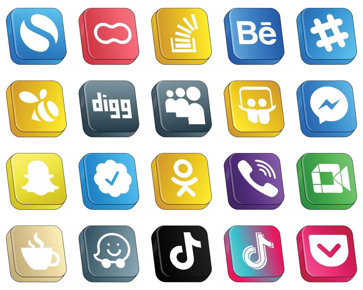 20 íconos isométricos de marca de redes sociales en 3D como Snapchat. Facebook. comportamiento iconos de messenger y myspace. alta definición y versátil vector