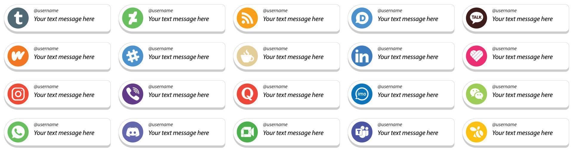 Follow Me Social Media Icons with Customizable Message 20 pack such as instagram. spotify. likee and linkedin icons. Minimalist and high resolution vector