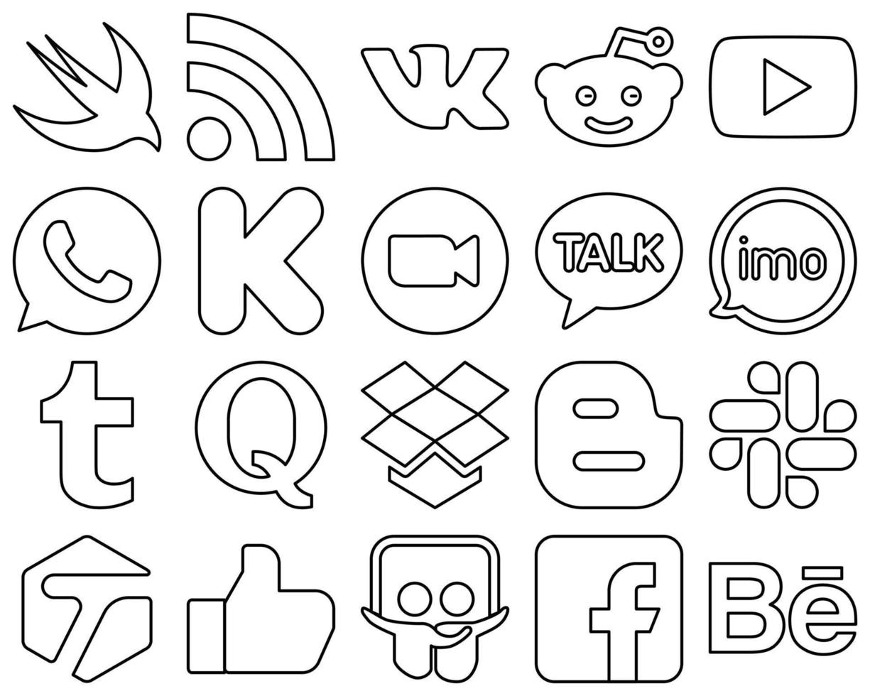 20 High-Quality Black Outline Social Media Icons such as video. imo. kickstarter. kakao talk and meeting icons. Fully editable and unique vector