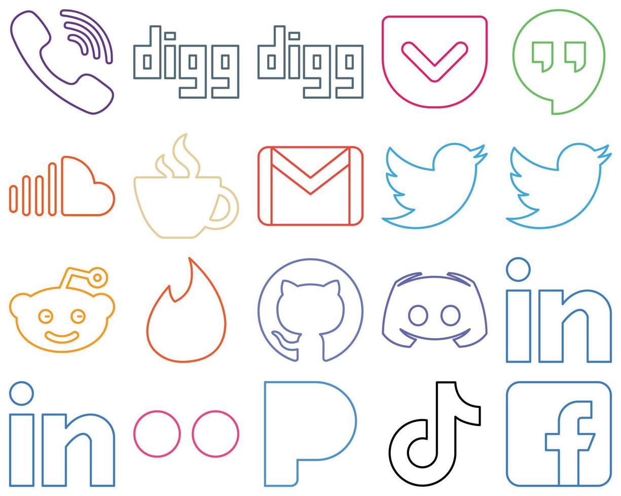 20 Fully Editable Colourful Outline Social Media Icons such as reddit. twitter. music. mail and gmail Unique and high-resolution vector