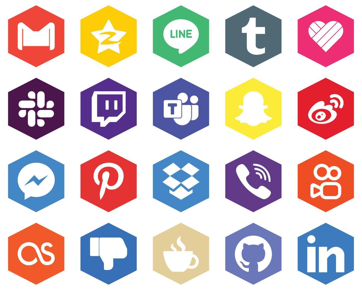 20 Fresh White Icons sina. likee and weibo Hexagon Flat Color Backgrounds vector