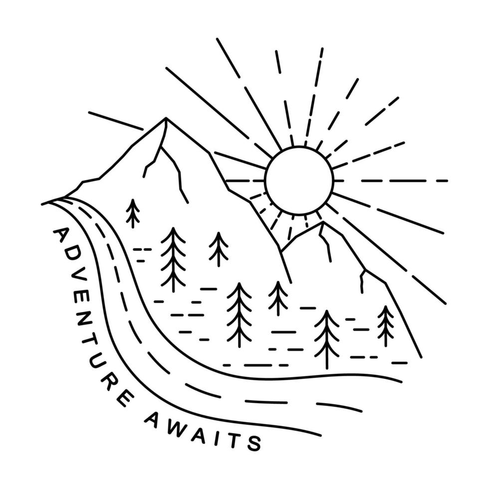 Mountain with road monoline or line art. Adventure awaits. Vector illustration