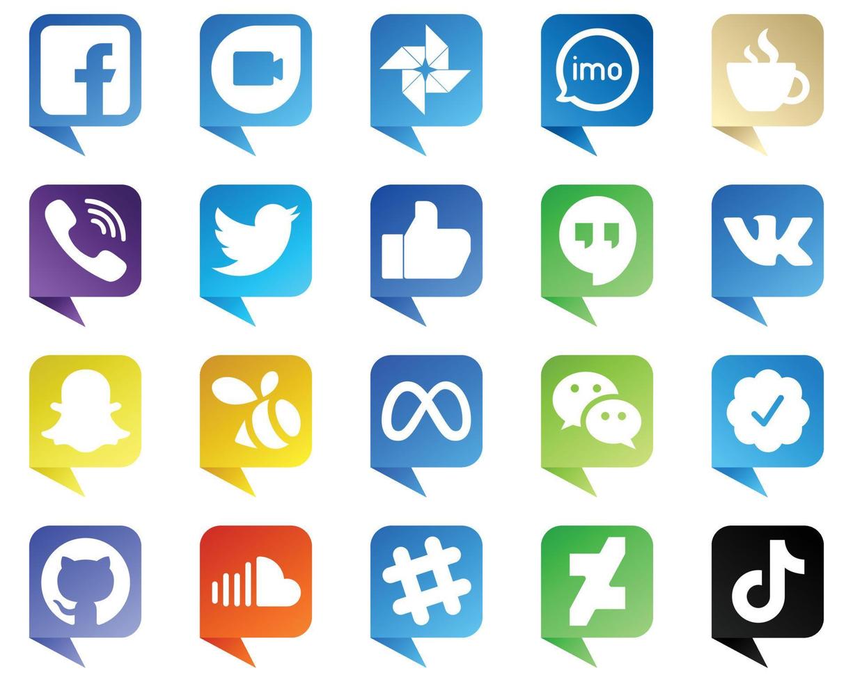 20 íconos únicos de redes sociales con estilo de burbuja de chat, como me gusta. iconos de twitter y viber. alta definición y profesional vector