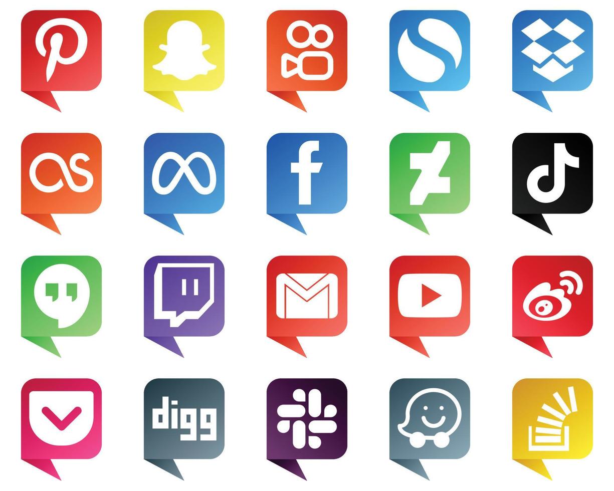 20 Unique Chat bubble style Social Media Icons such as google hangouts. china. facebook. video and tiktok icons. High definition and professional vector