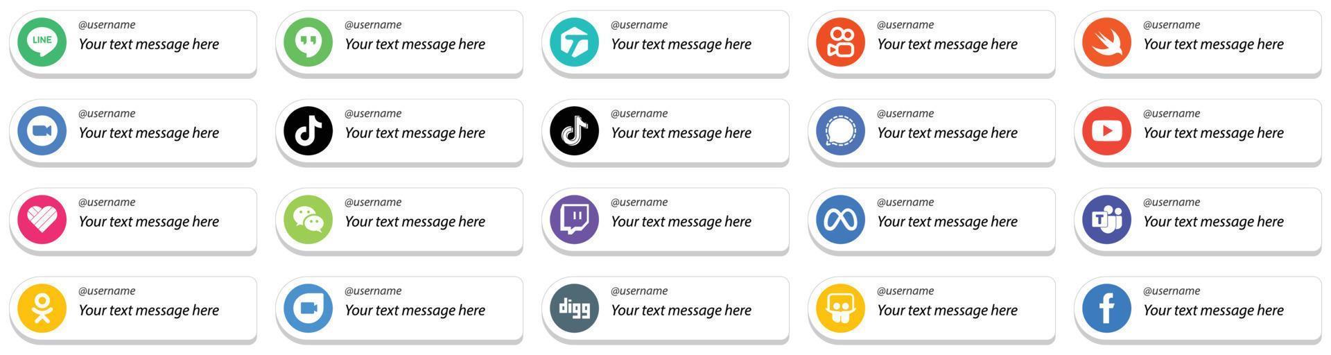 Card Style Follow Me Social Media Platform Icon Set with Custom Message Option 20 icons such as youtube. mesenger. signal and china icons. High resolution and editable vector