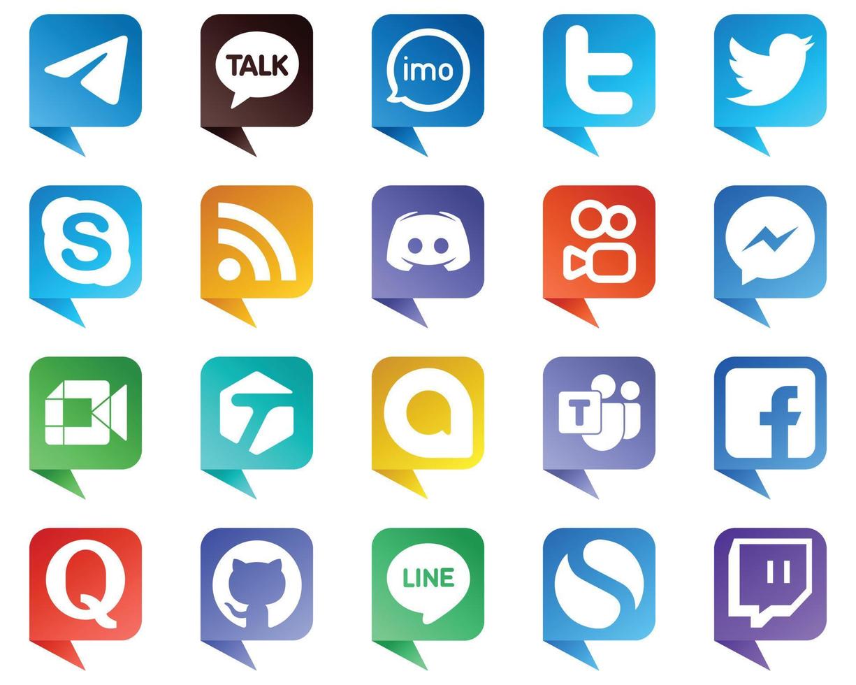 20 iconos de estilo de burbuja de chat para las principales plataformas de redes sociales, como mensajes. gorjeo. iconos de discordia y rss. totalmente personalizable y profesional vector