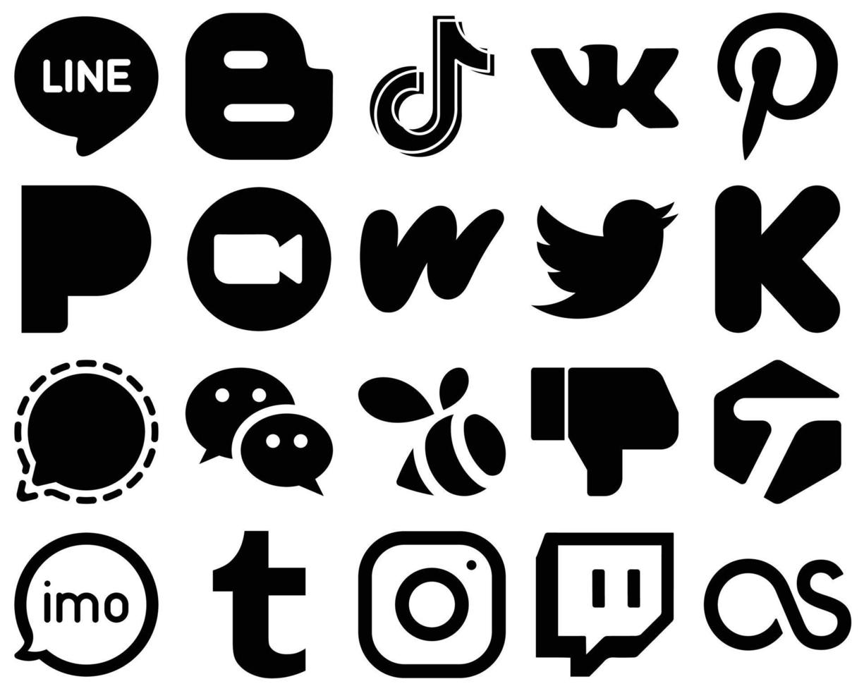 20 Innovative Black Glyph Social Media Icons such as twitter. wattpad. vk and video icons. Unique and high-definition vector