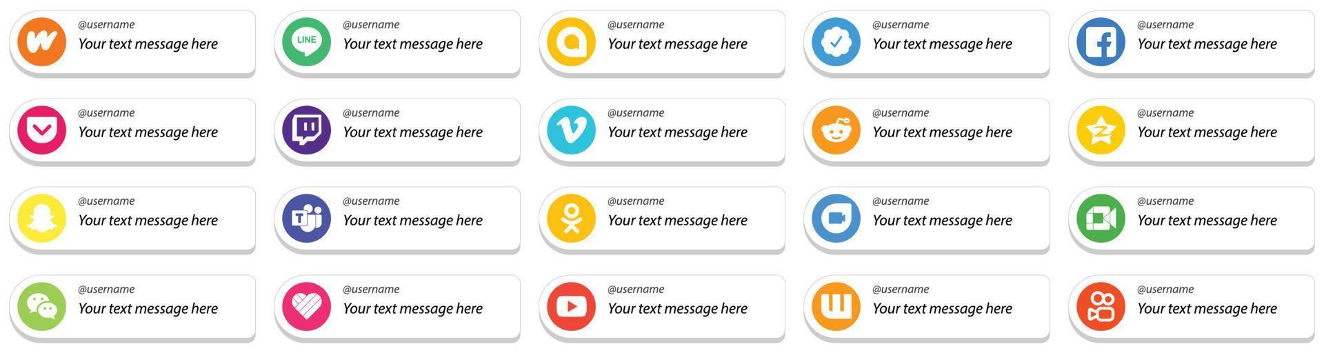 Follow Me Social Media Icons with Customizable Message 20 pack such as microsoft team. pocket. tencent and reddit icons. Minimalist and high resolution vector