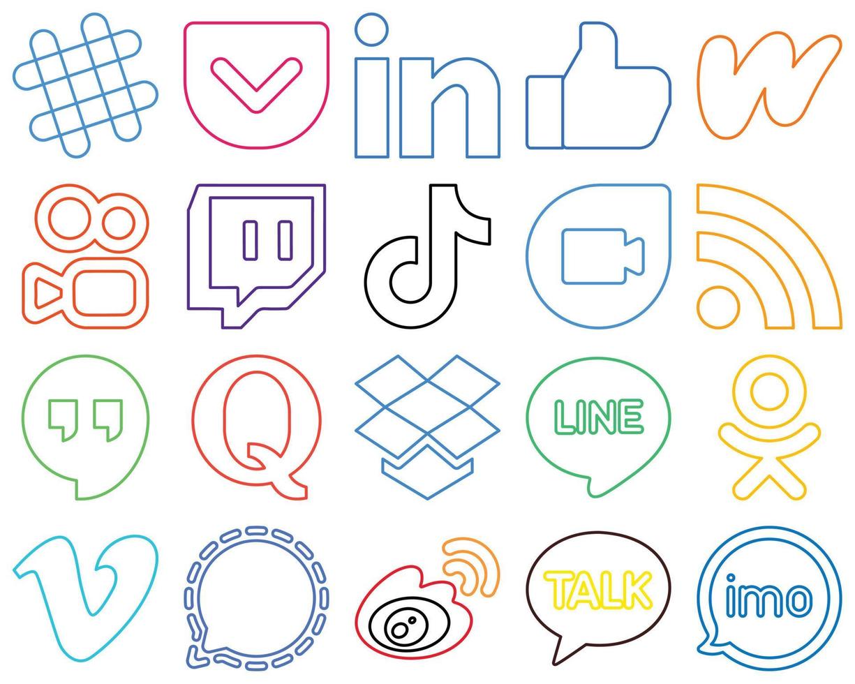 20 Customizable Colourful Outline Social Media Icons such as feed. google duo. kuaishou and video Modern and professional vector