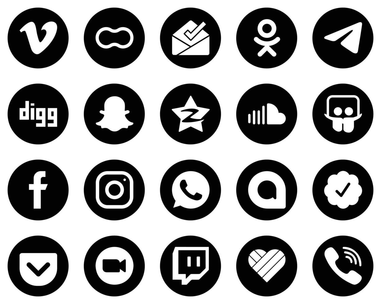 20 iconos innovadores de medios sociales blancos sobre fondo negro, como la música. nube de sonido iconos de messenger y qzone. profesional y de alta definición vector