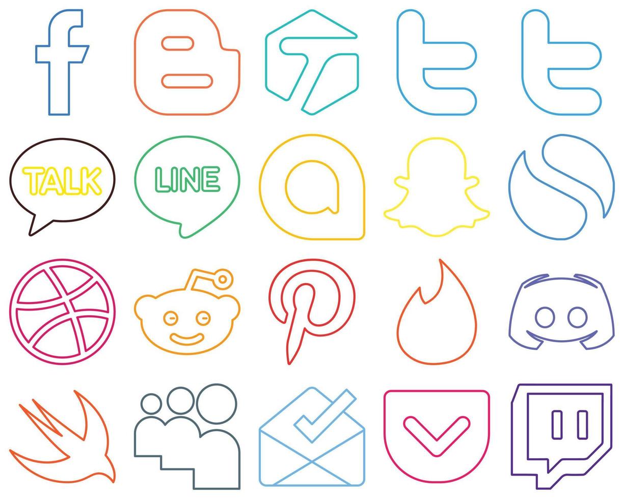 20 Innovative and unique Colourful Outline Social Media Icons such as discord. pinterest. kakao talk. reddit and simple High-quality and modern vector