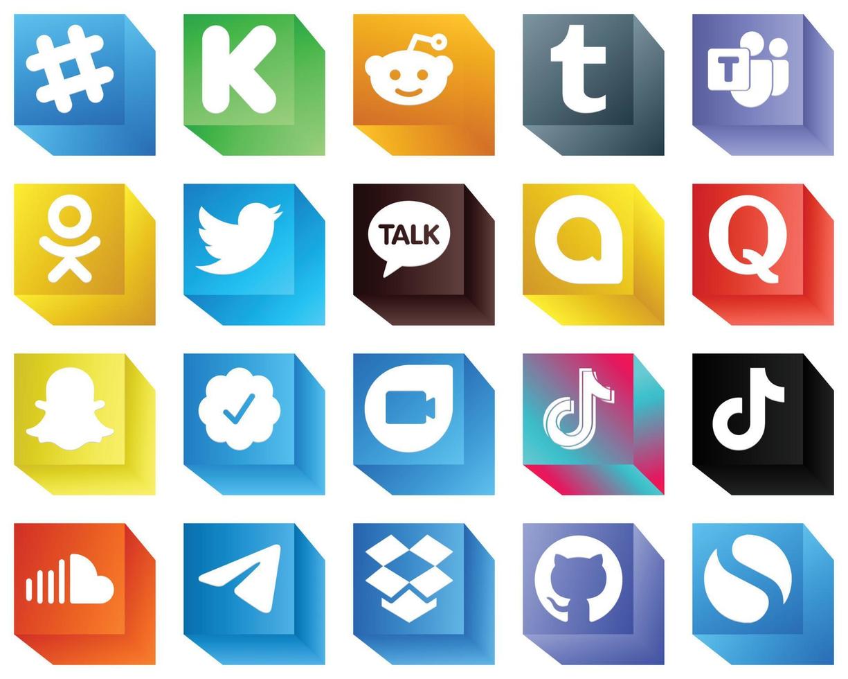 3D Icons for Major Social Media 20 pack such as tiktok. twitter verified badge. twitter. snapchat and quora icons. Clean and minimalist vector