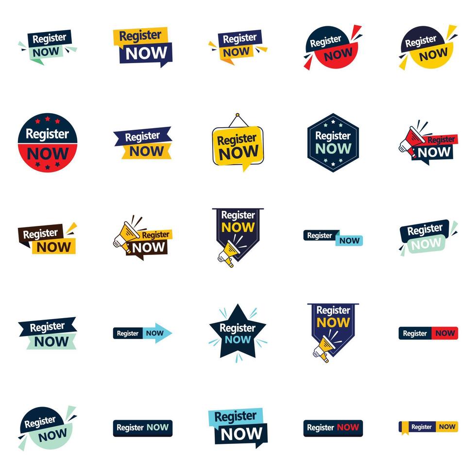 Register Now 25 Modern Typographic Elements to encourage registration vector
