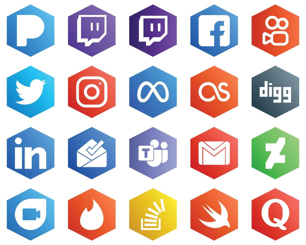 25 íconos blancos frescos, como la bandeja de entrada. Linkedin. instagram. iconos de digg y facebook. fondos de color plano hexagonal vector