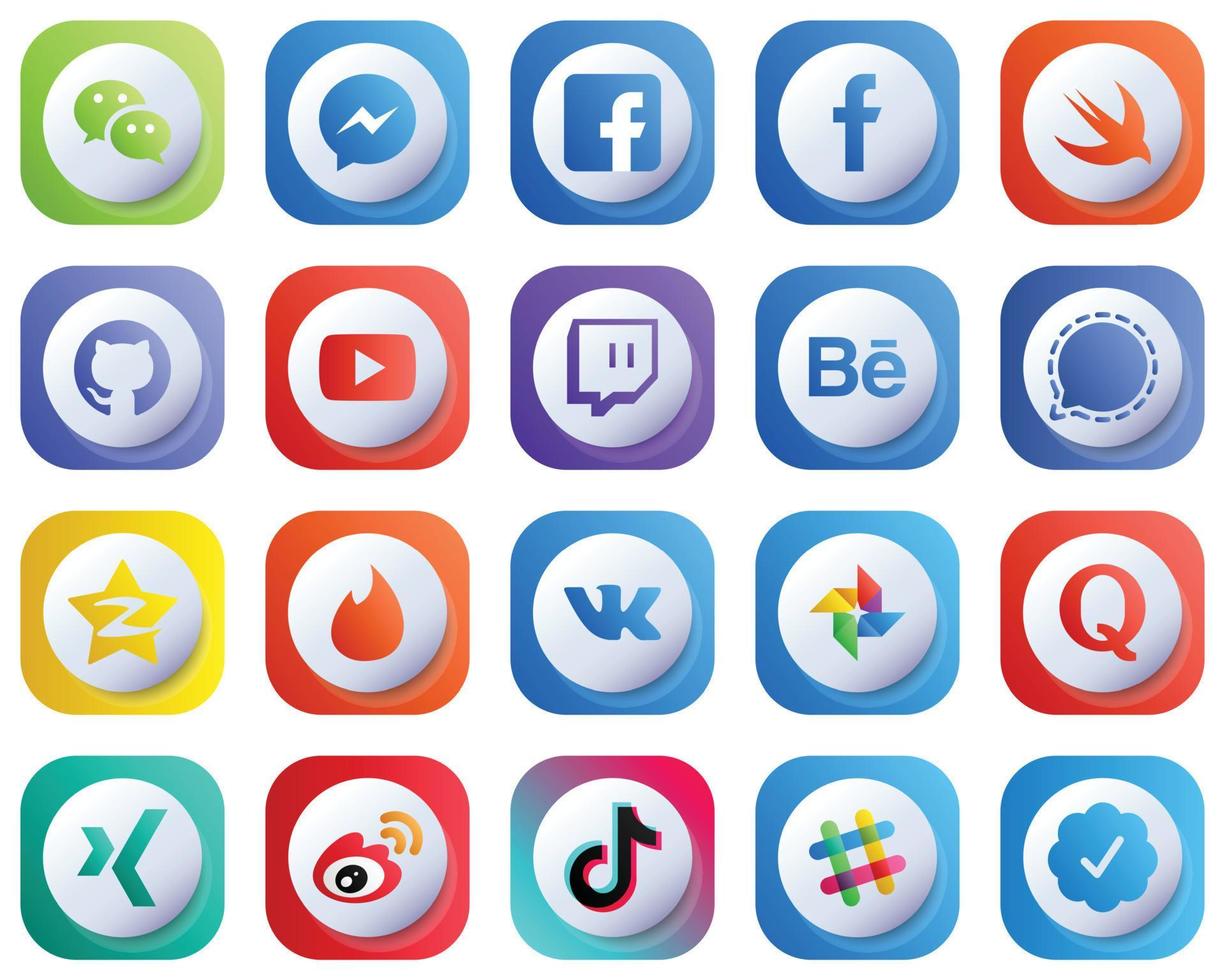 20 Cute 3D Gradient Icons of Major Social Media Platforms such as qzone. mesenger. swift. signal and twitch icons. Fully Customizable and Minimalist vector