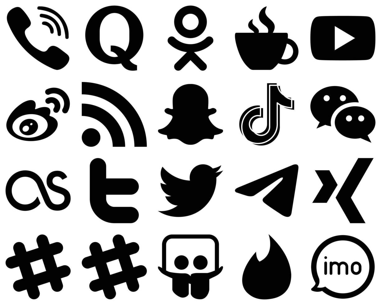 20 íconos de redes sociales de glifo negro de alta calidad, como Snapchat. iconos rss y sina. completamente editable y único vector