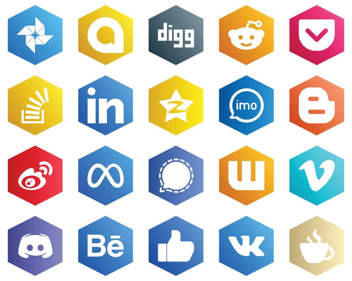 Hexagon Flat Color White Icon Collection such as audio. overflow. imo and tencent icons. 25 High-quality Icons vector