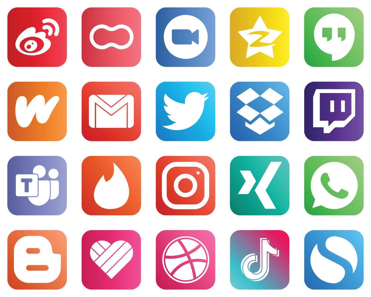 paquete completo de íconos de redes sociales 20 íconos como gmail. Wattpad. video. Hangouts de Google e íconos de Tencent. alta resolución y totalmente personalizable vector