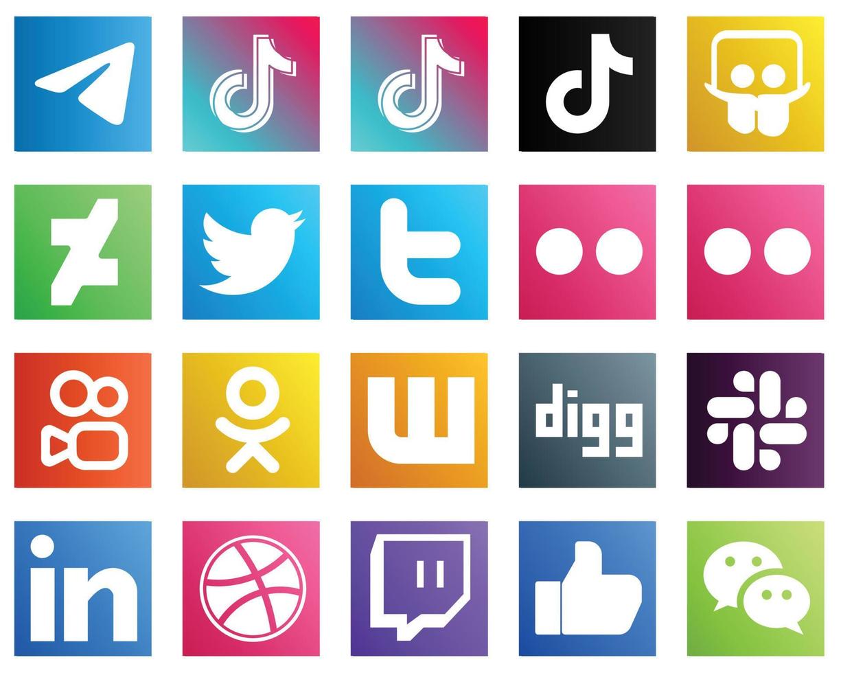 20 Essential Social Media Icons such as digg. odnoklassniki. slideshare. kuaishou and flickr icons. Fully editable and unique vector