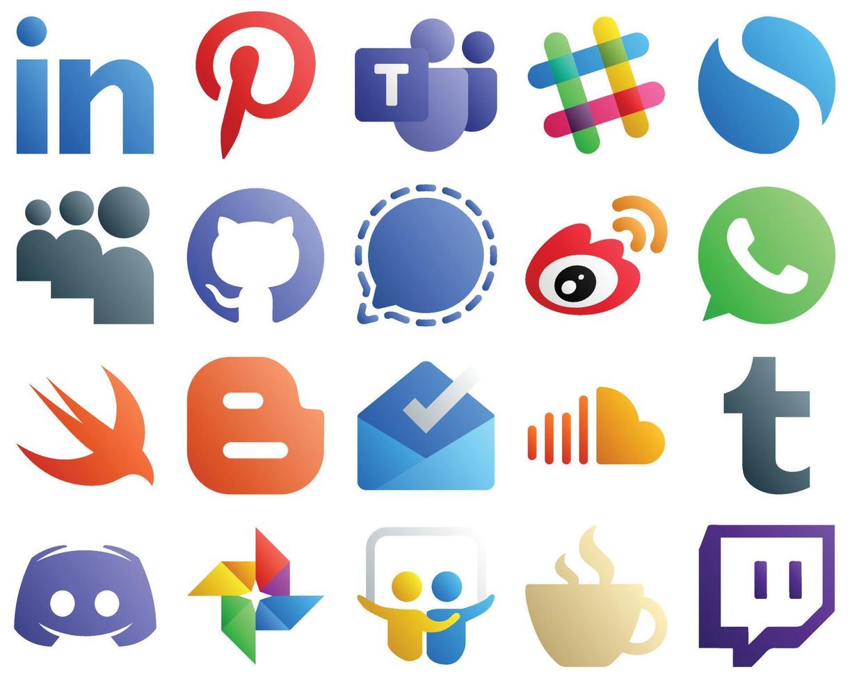 Los íconos degradados de redes sociales incluyen 20 íconos como Swift. github. iconos de china y weibo. alta calidad y minimalista vector