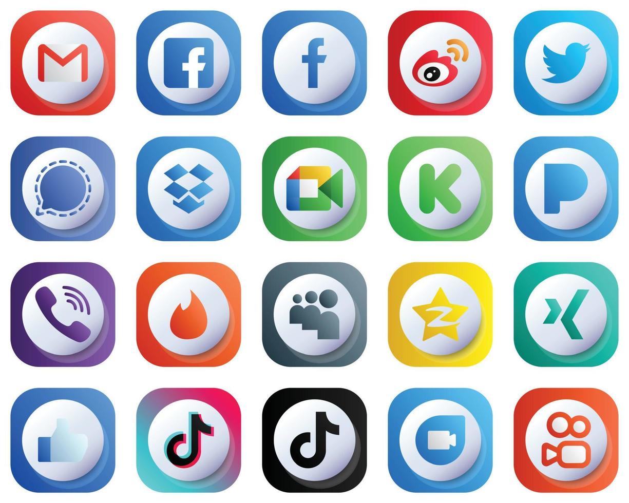 20 Cute 3D Gradient Icons of Major Social Media Platforms such as video. dropbox. china and signal icons. Fully Customizable and Minimalist vector