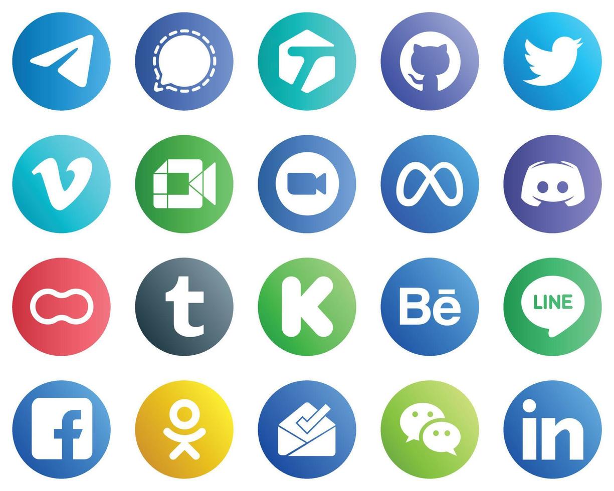 todo en un icono de medios sociales establece 20 iconos como reunión. zoom. twitter y google cumplen con los iconos. alta calidad y moderno vector