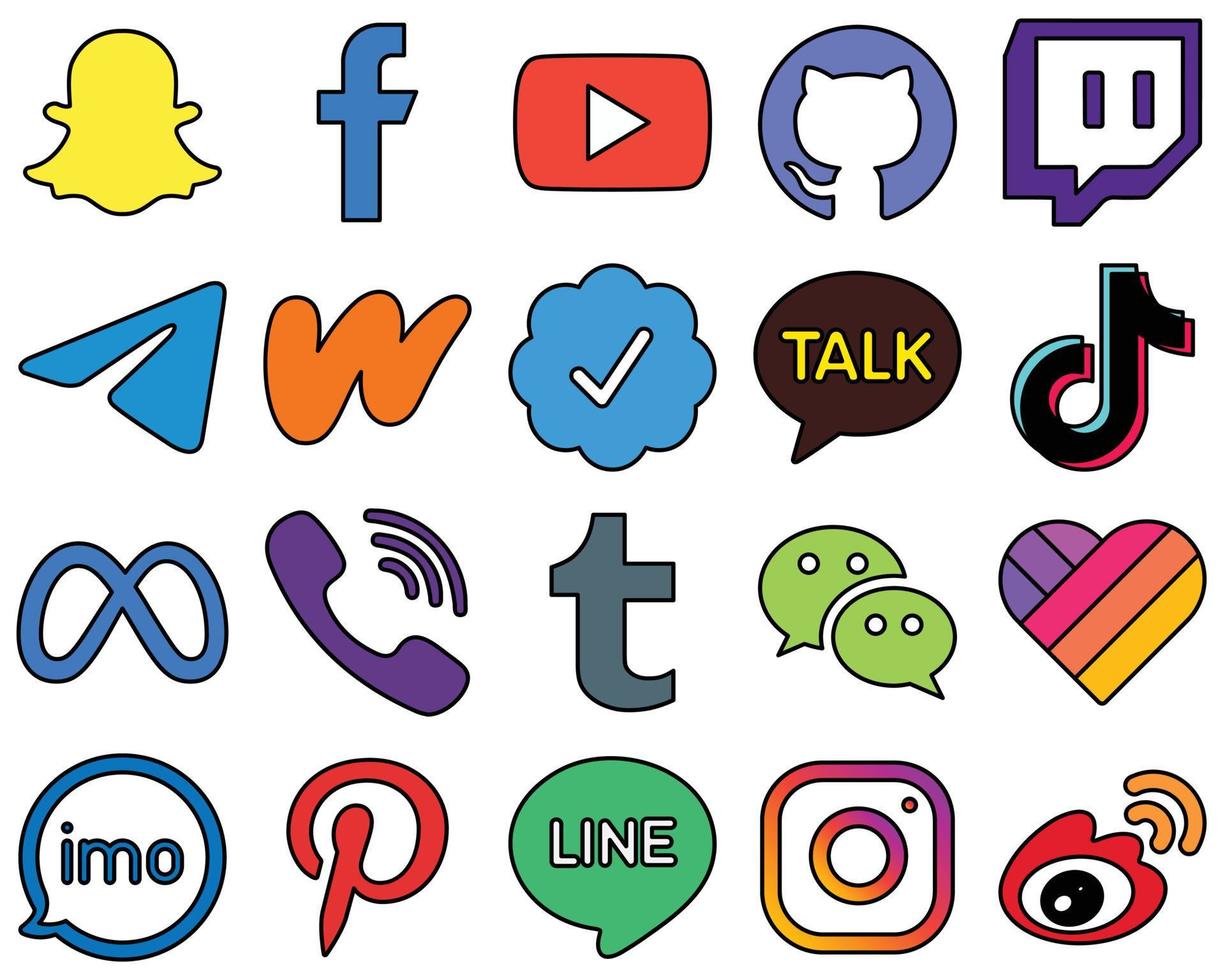 20 Professional Line Filled Social Media Icons such as video. tiktok. telegram. kakao talk and literature Fully editable and high-quality vector