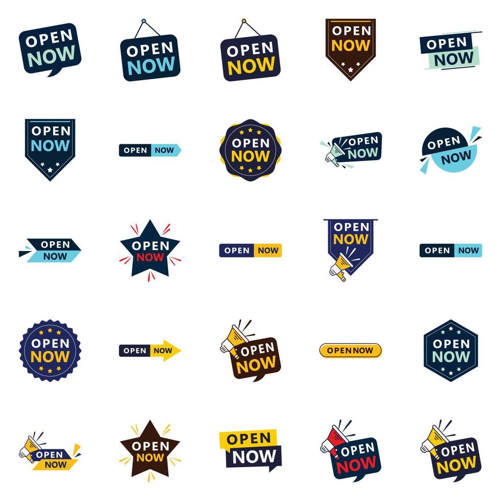 Open Now Banners Pack of 25 Bright and eye catching designs vector