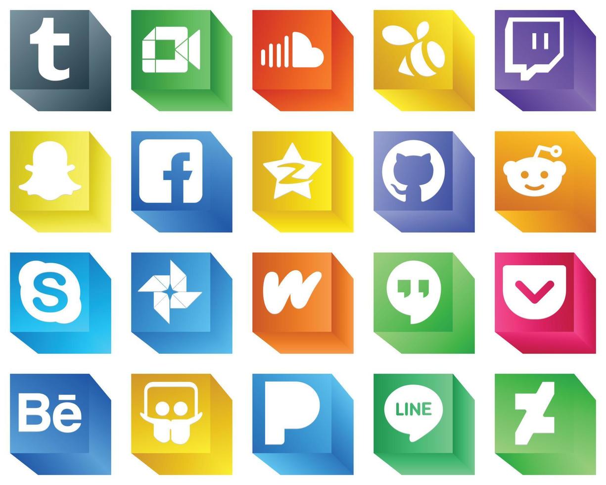 20 íconos profesionales de redes sociales en 3D como reddit. iconos de contracción y tencent. de alta calidad y creativo vector