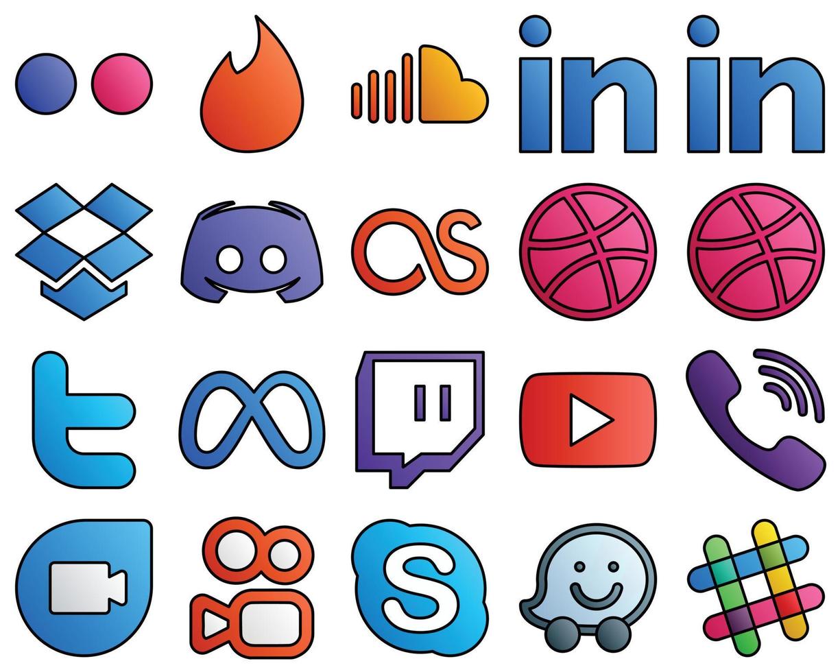20 nuevos iconos de redes sociales meta. gorjeo. paquete de iconos de estilo de línea llena de dropbox y dribble vector