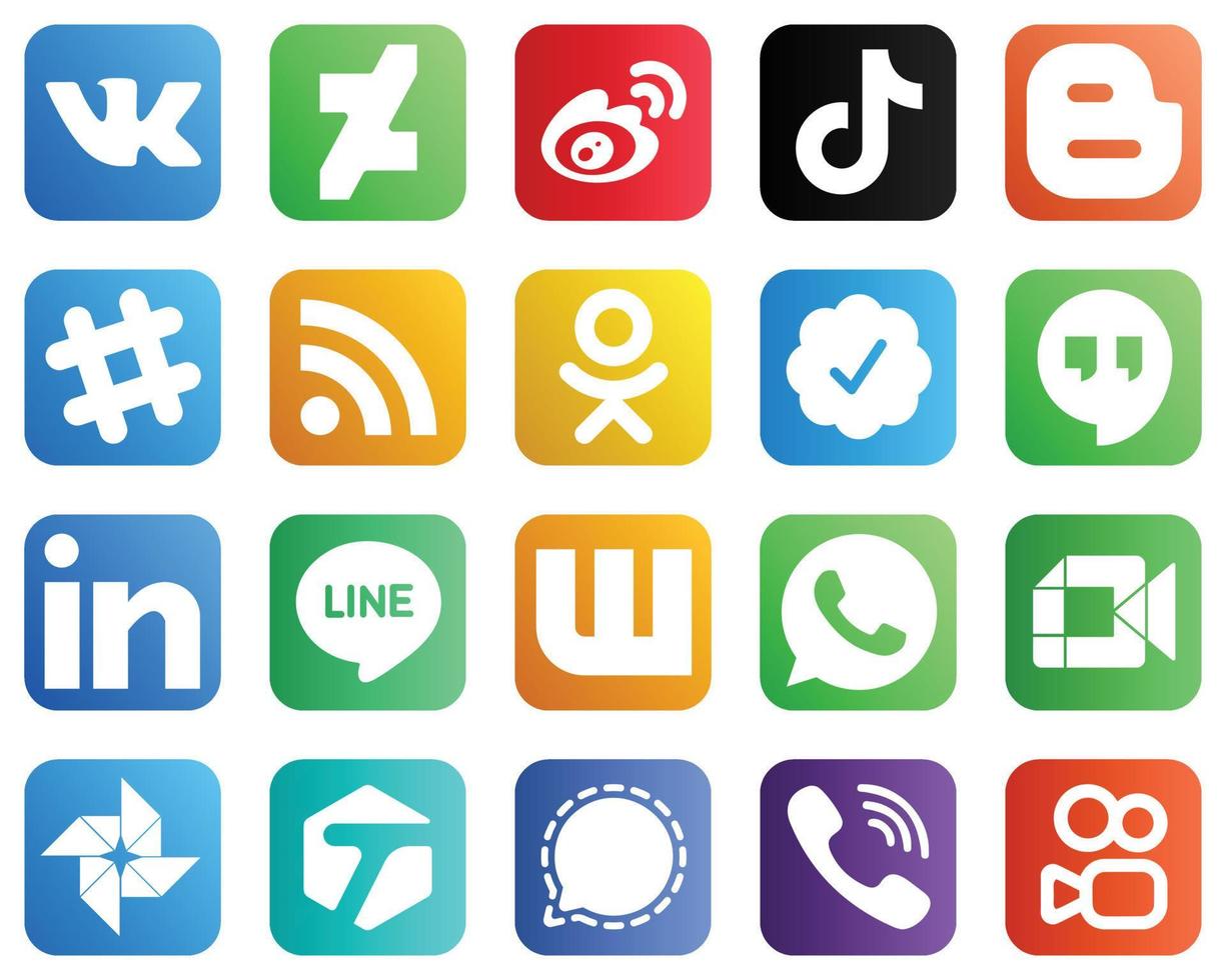 20 íconos de redes sociales para todas sus necesidades, como la insignia verificada de Twitter. alimento. video. iconos rss y blog. elegante y único vector