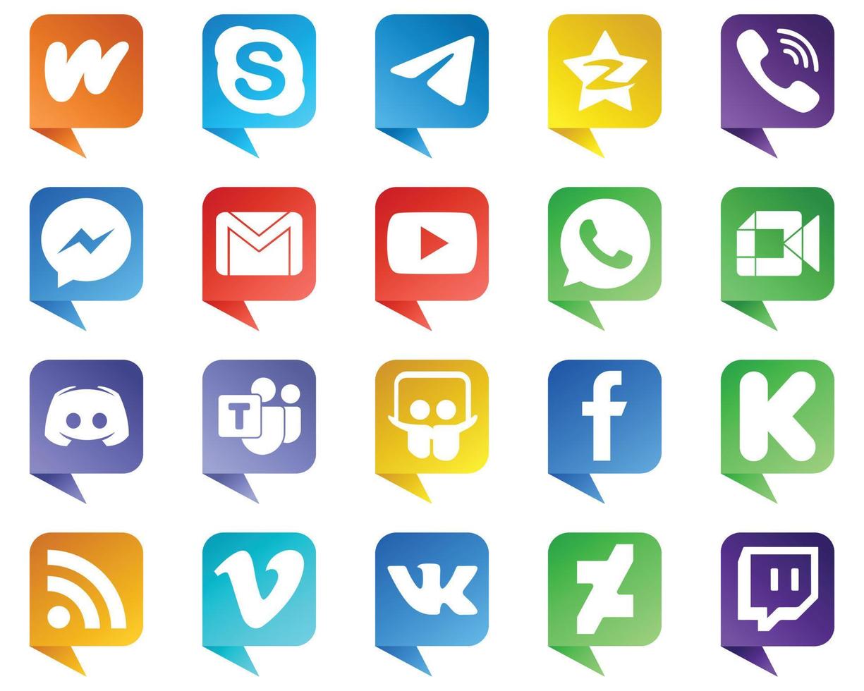 Chat bubble style Icons for Major Social Media 20 pack such as email. fb. tencent. facebook and icons. Clean and minimalist vector