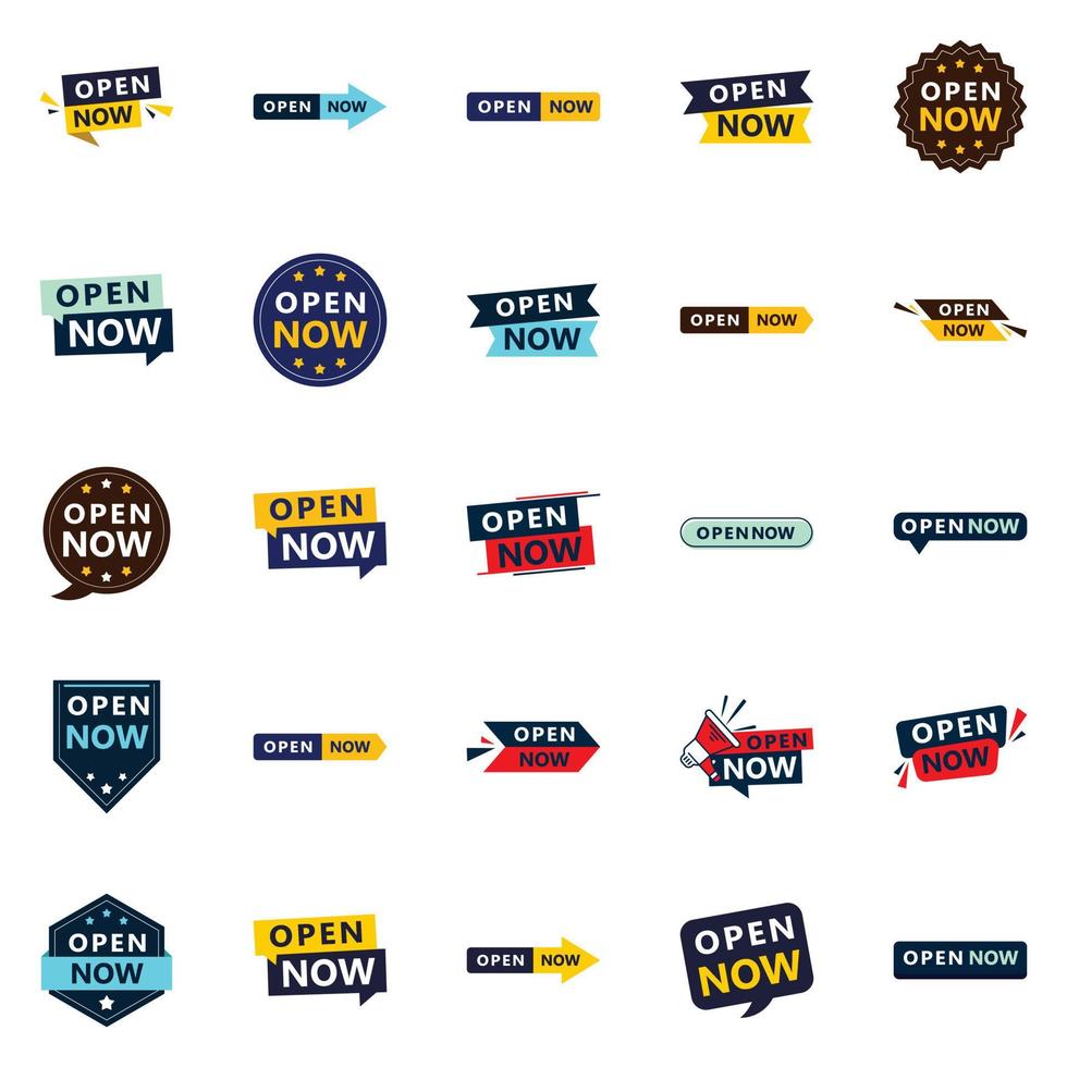 Open now banner pack 25 different styles vector