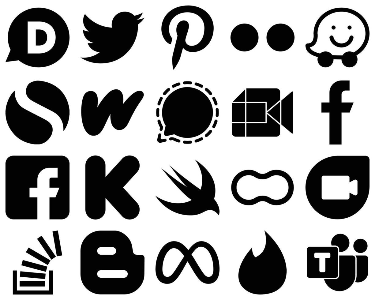 20 íconos de redes sociales con glifos negros completamente editables, como fb. wattpad e íconos de video. alta resolución y editable vector