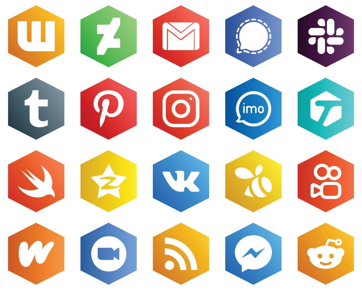 25 Versatile White Icons such as audio. slack. imo and meta icons. Hexagon Flat Color Backgrounds vector