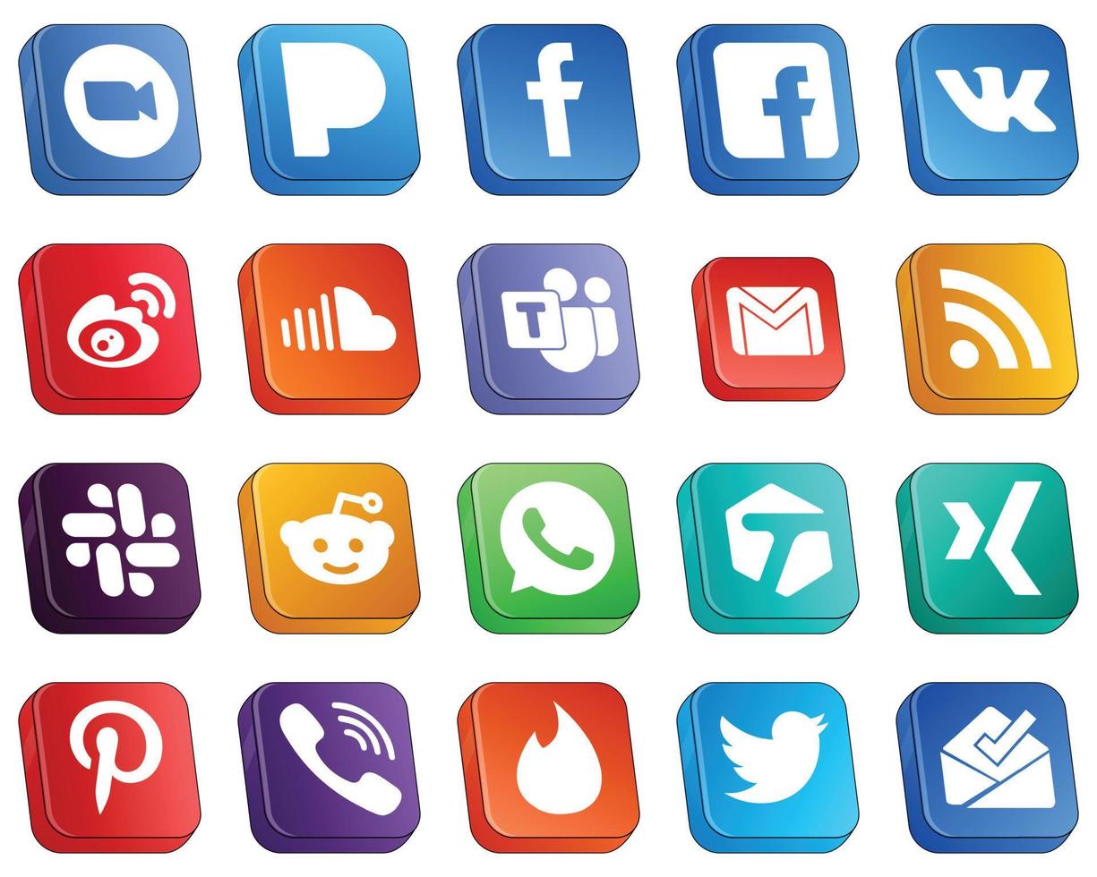 20 Elegant Isometric 3D Social Media Icons such as music. vk. sound and icons. Minimalist and high-resolution vector