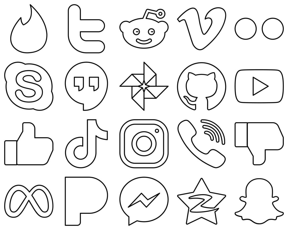 20 Simple and minimalist Black Outline Social Media Icons such as tiktok. like. skype. video and github icons. Minimalist and professional vector