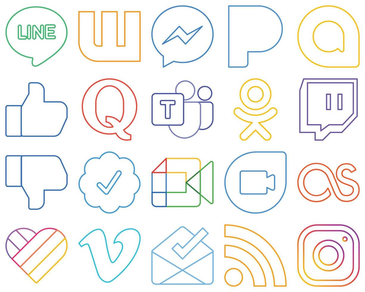 20 Innovative and unique Colourful Outline Social Media Icons such as twitter verified badge. dislike. facebook and twitch High-quality and modern vector