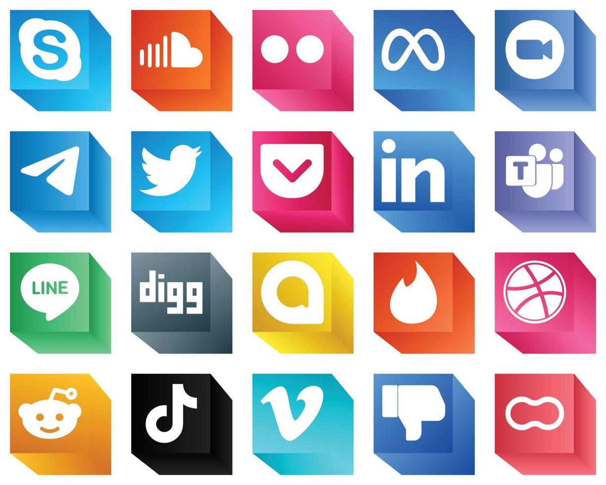 3D Social Media Brand Icons for Branding 20 Icons Pack such as tweet. facebook and messenger icons. Editable and high-resolution vector