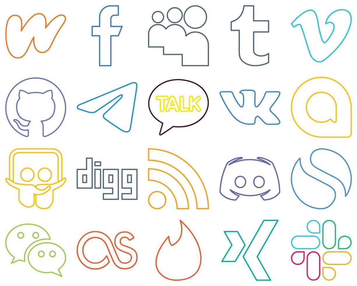 20 íconos de redes sociales de contorno colorido diseñados profesionalmente, como digg. google allo. video y vk totalmente editables y únicos. vector