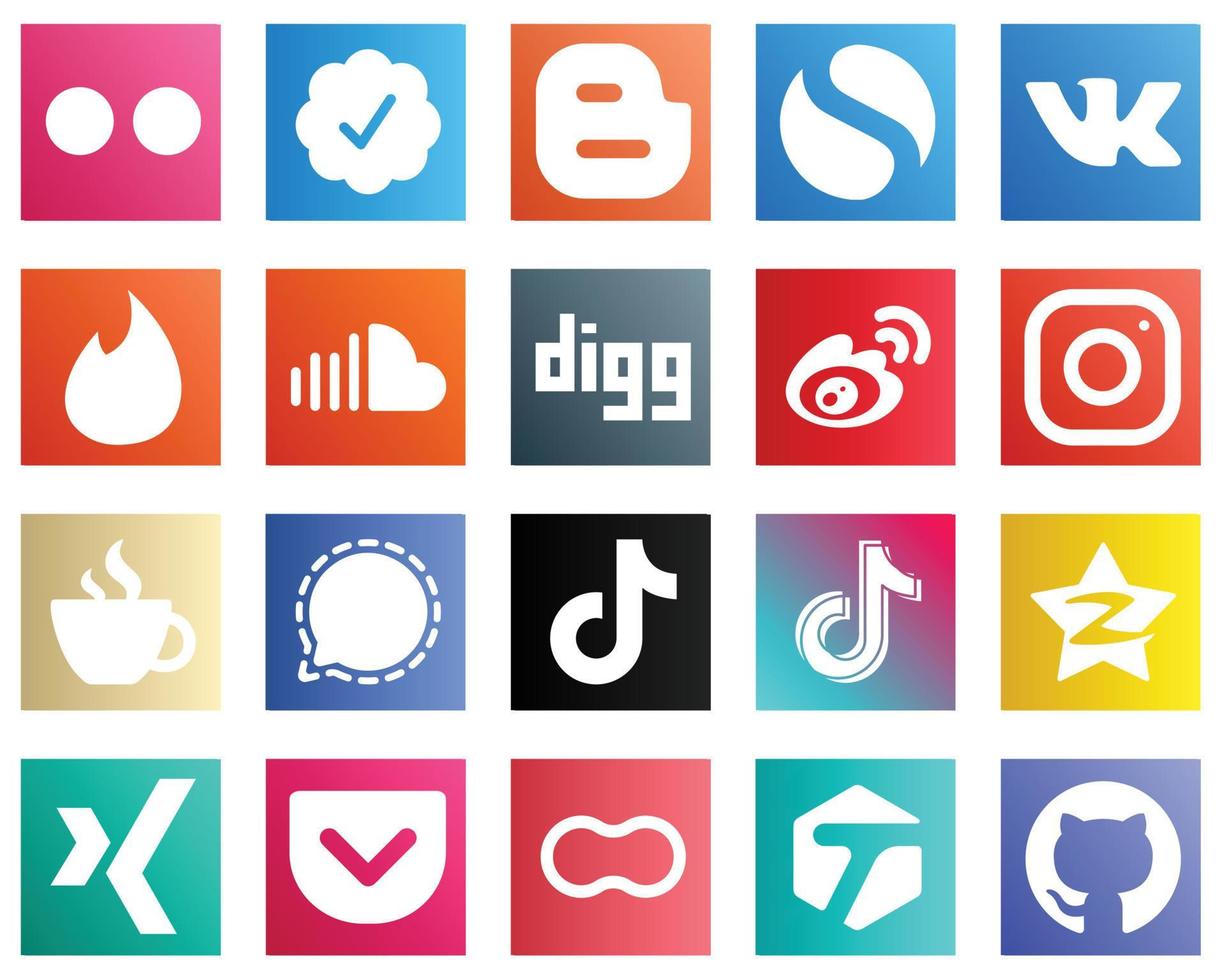 20 elegantes íconos de redes sociales como meta. nube de sonido iconos de china y weibo. totalmente personalizable y de alta calidad vector